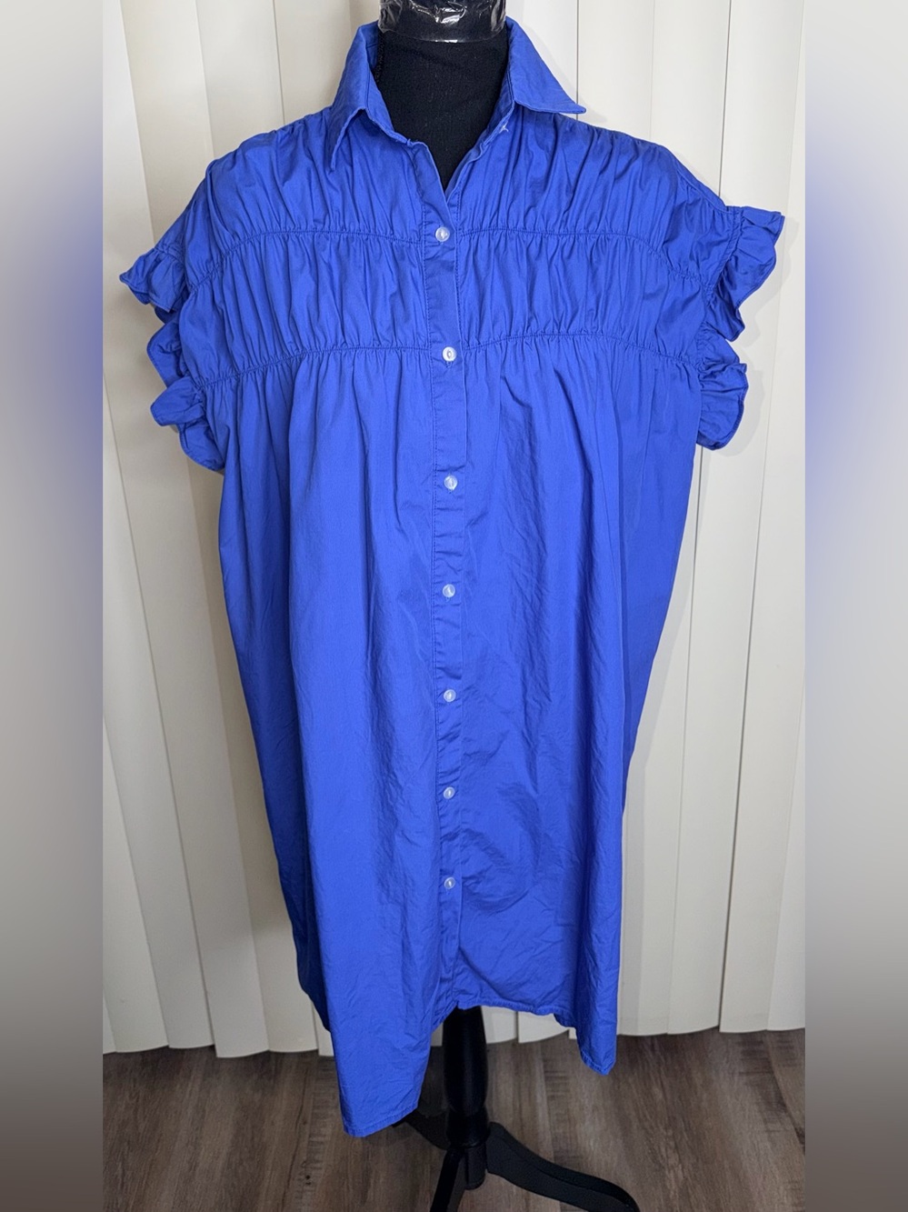 Lili Sidonio Smock Ruffle Sleeve Shirtdress Cobalt Blue Cotton Button Down S⁠
